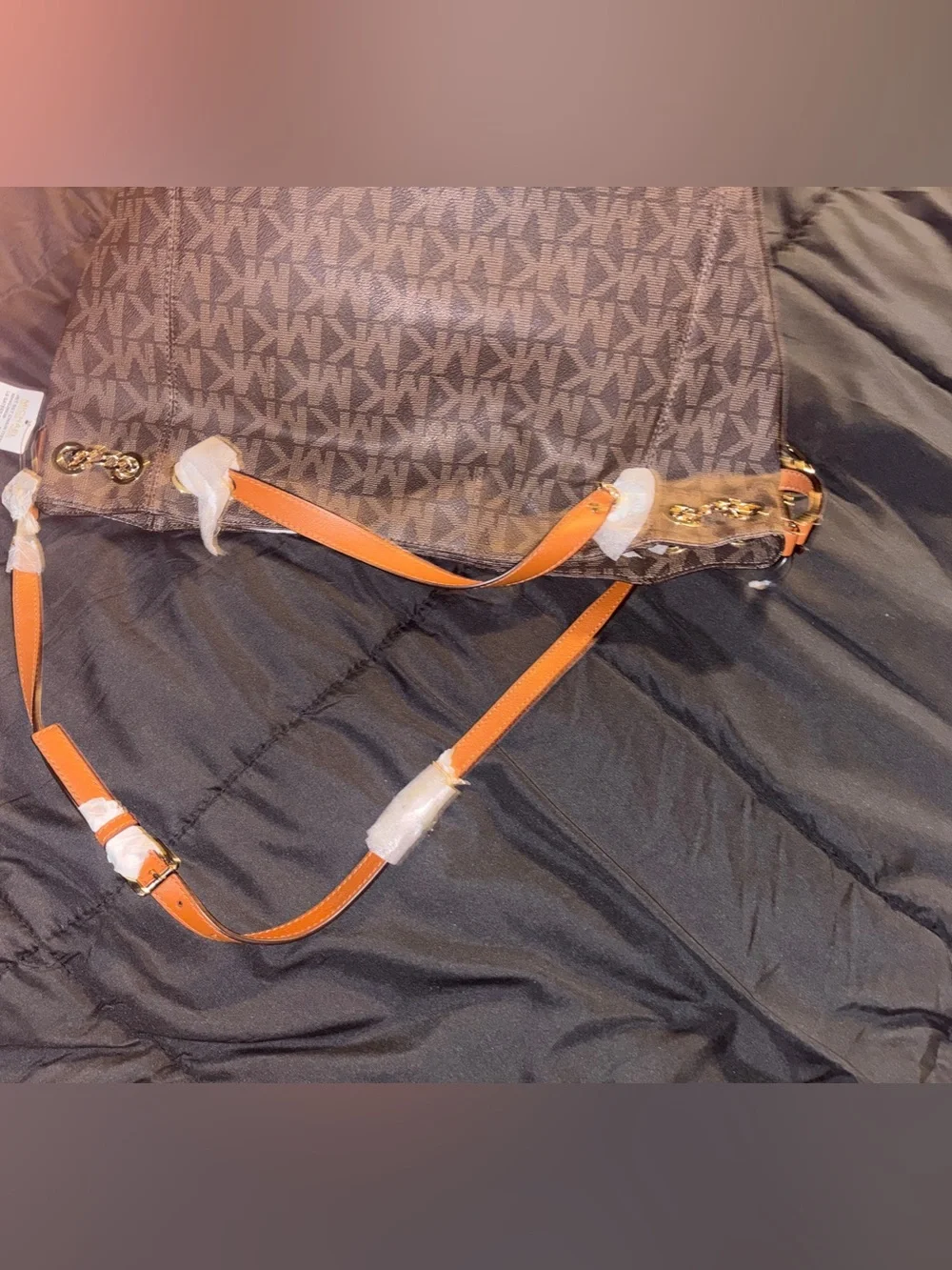 Michael Kors Brown MK Monogram Tote with Orange Straps
